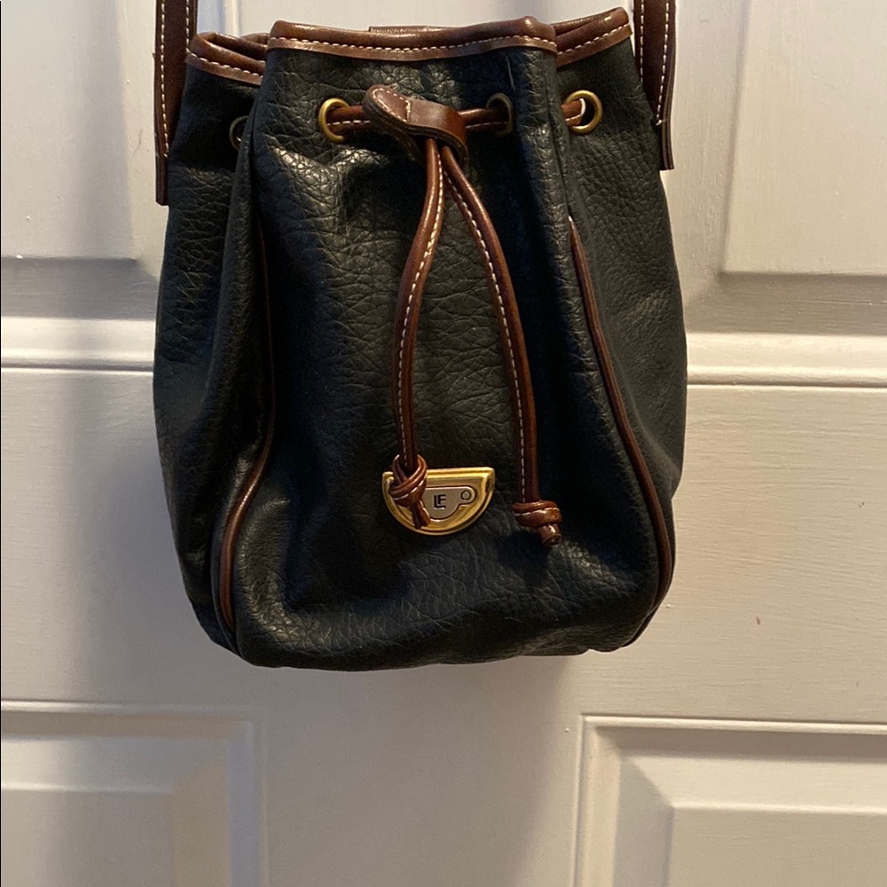 Black Leather Bucket Bag with Brown Trim